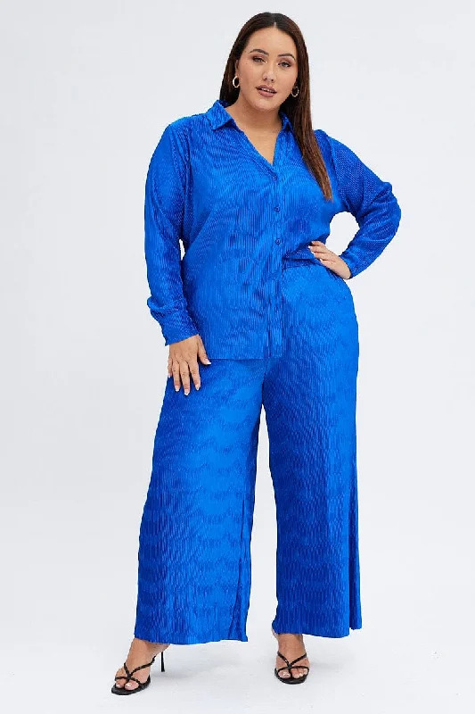 Blue Plisse Pants Wide Leg High Rise