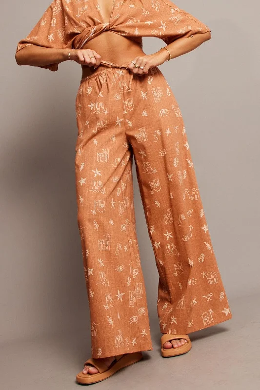 Brown Abstract Wide Leg Pants High Rise