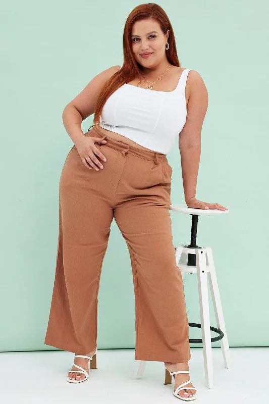 Brown Wide Leg Pants Linen Blend