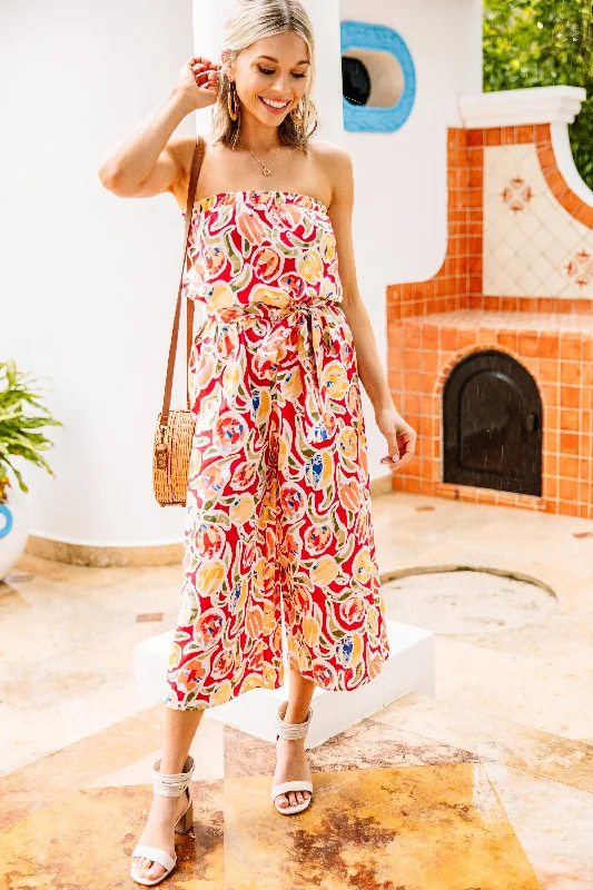 Just A Thought Coral Red Abstract Floral Jumpsuit