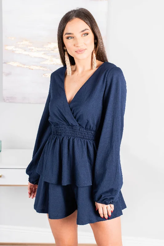 Through The Night Navy Blue Smocked Waist Romper