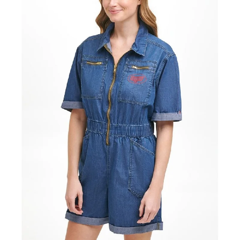 Tommy Jeans Women's Cotton Zip Up Denim Romper Blue Size X-Small - XS