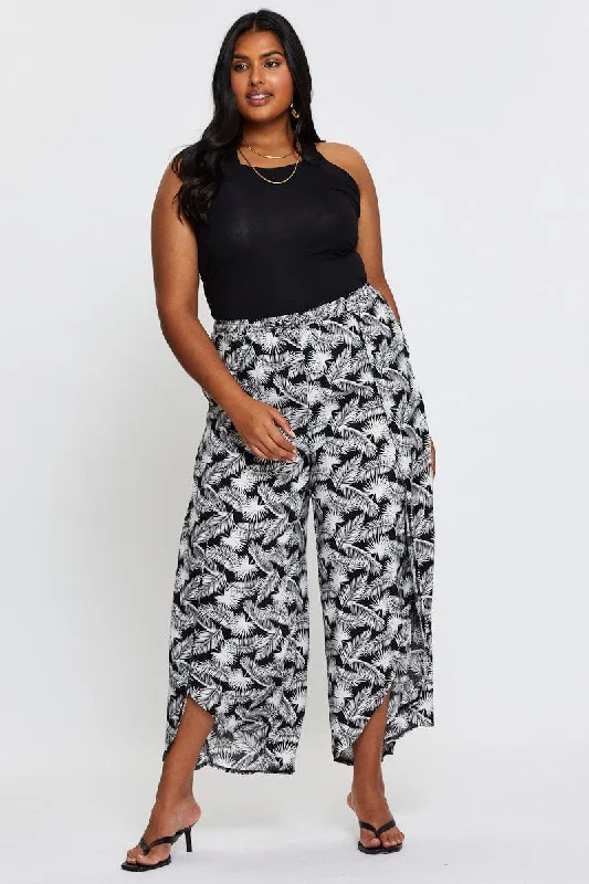 Trop Print Wide Leg Pants High Rise Leaf Front Split