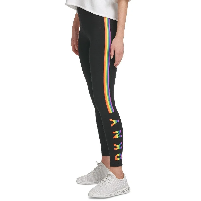 DKNY Women's Sport Rainbow-Stripe Logo Leggings Black Size Extra Small - X-Small